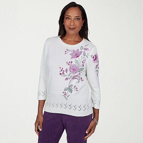 Alfred Dunner Vail Vail Womens Crew Neck Long Sleeve Floral Pullover Sweater In White