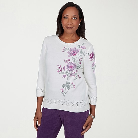 Alfred Dunner Vail Womens Crew Neck Long Sleeve Floral Pullover Sweater