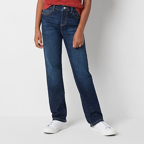 Thereabouts Little & Big Kid Girls Adjustable Waist Stretch Fabric Superflex Mid Rise Straight Leg Jean, 10.5 Plus, Blue