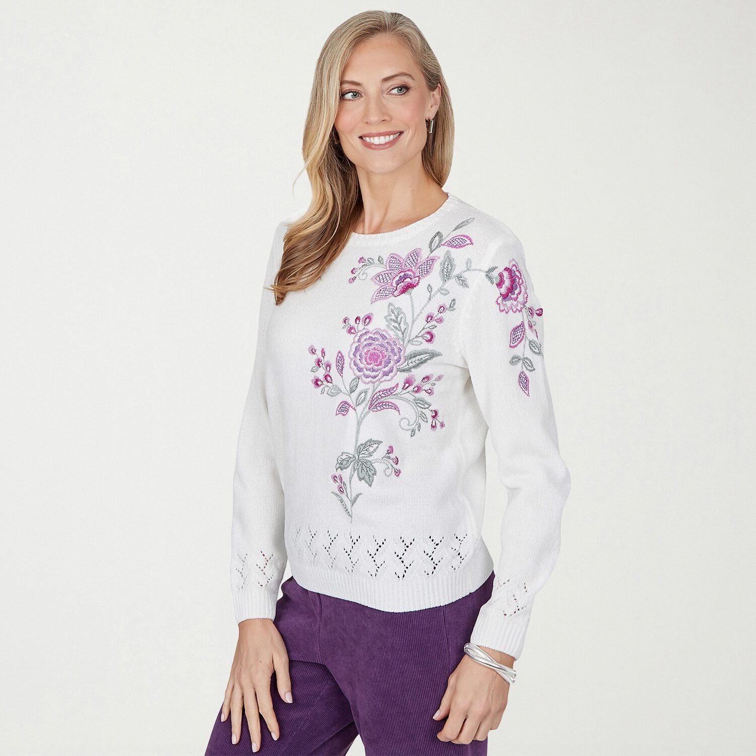 Alfred Dunner Vail Womens Crew Neck Long Sleeve Geometric Pullover Sweater
