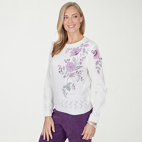 Alfred Dunner Vail Womens Crew Neck Long Sleeve Floral Chenille Sweater