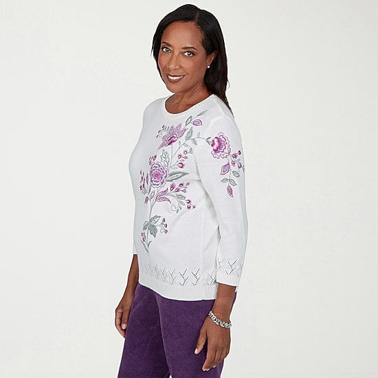 Alfred Dunner Vail Womens Crew Neck Long Sleeve Floral Pullover Sweater