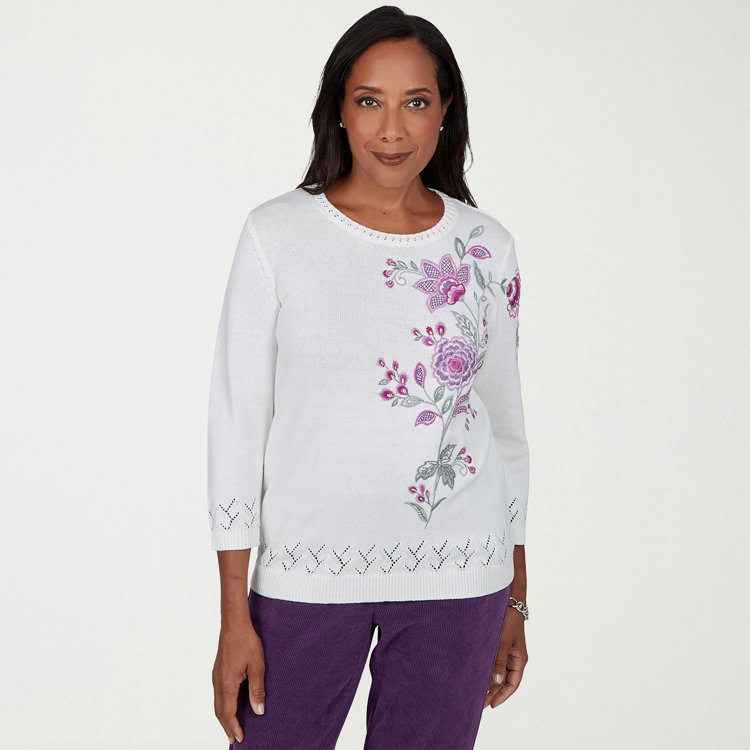 Alfred Dunner Vail Womens Crew Neck Long Sleeve Floral Pullover Sweater