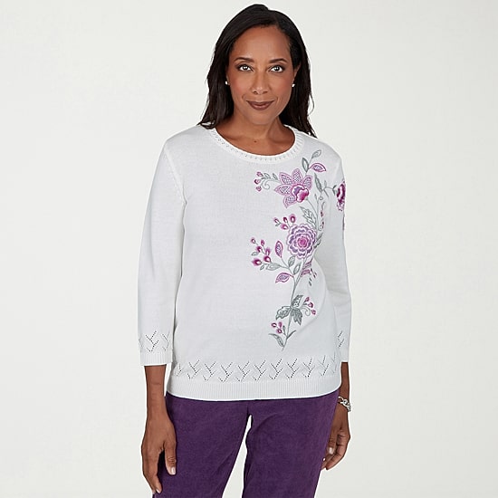 Alfred Dunner Vail Womens Crew Neck Long Sleeve Floral Pullover Sweater