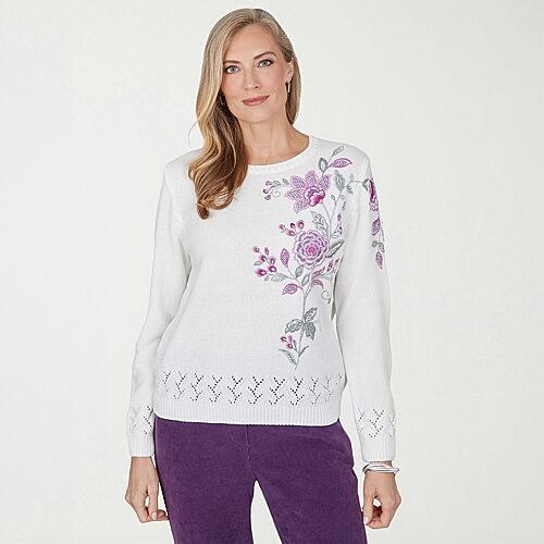 Alfred Dunner Vail Womens Crew Neck Long Sleeve Floral Chenille Sweater In White