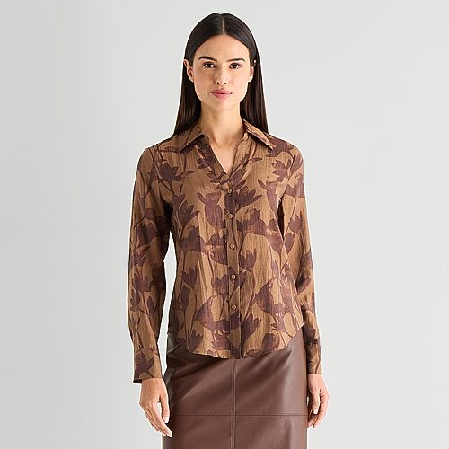Worthington Womens Cuffed Long Sleeve Slim Fit Button-down Shirt In Brown