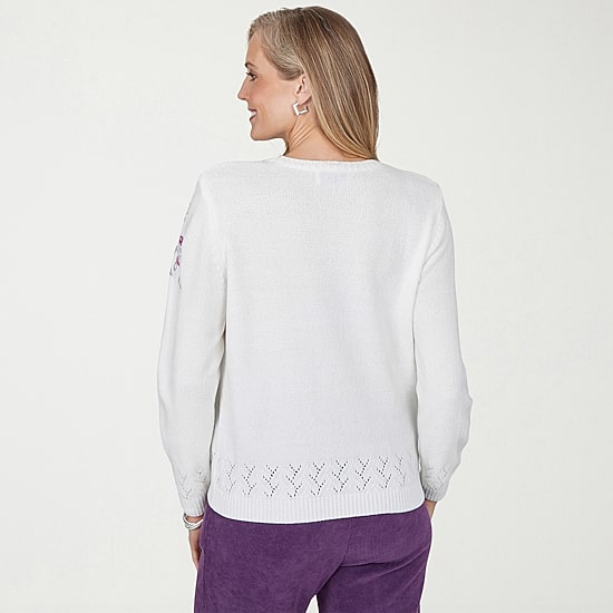 Alfred Dunner Vail Womens Crew Neck Long Sleeve Floral Chenille Sweater