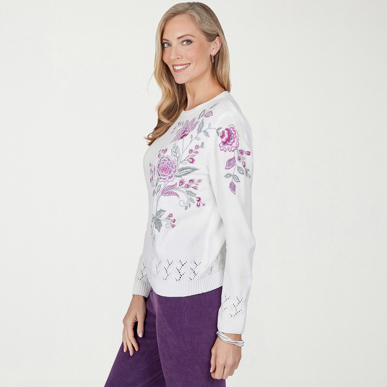 Alfred Dunner Vail Womens Crew Neck Long Sleeve Geometric Pullover Sweater