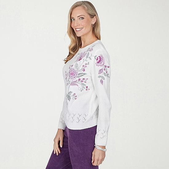 Alfred Dunner Vail Womens Crew Neck Long Sleeve Floral Chenille Sweater