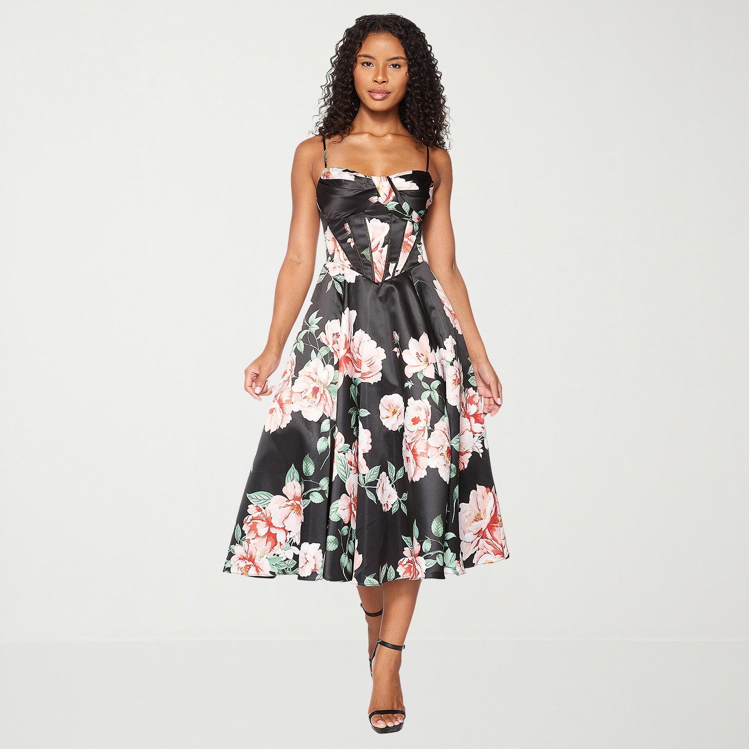 Premier Amour Womens Midi Sweetheart Neck Sleeveless Satin Floral Fit + Flare Dress