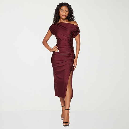 Premier Amour Womens Midi Asymmetrical Neck Sleeveless Sheath Dress