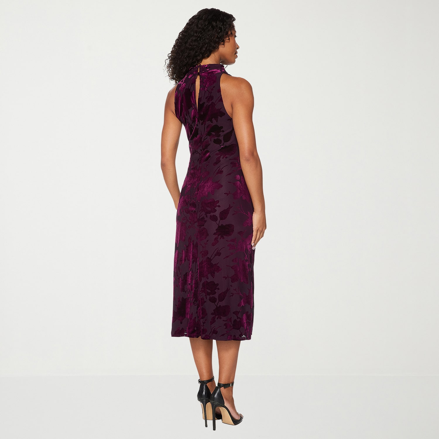 Premier Amour Womens Midi Mock Neck Sleeveless Velvet Floral Sheath Dress