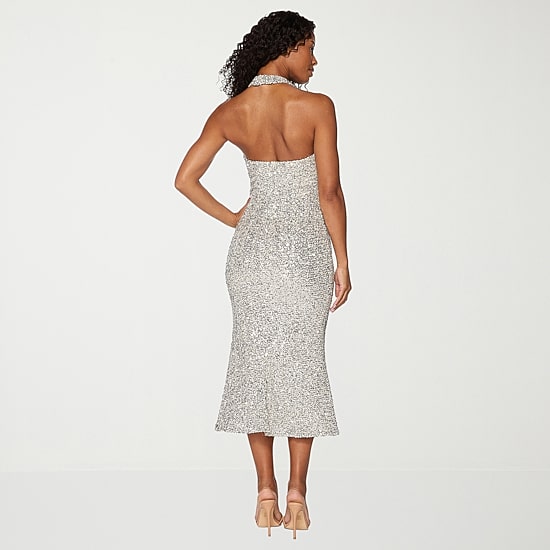 Premier Amour Womens Midi Halter Neck Sleeveless Sequin Sheath Dress
