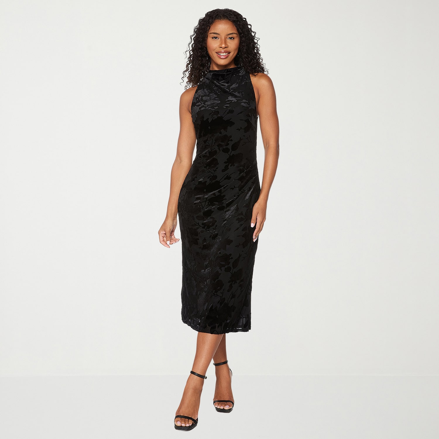 Premier Amour Womens Midi Mock Neck Sleeveless Velvet Floral Sheath Dress