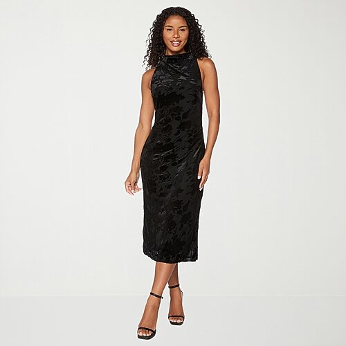 Premier Amour Womens Midi Mock Neck Sleeveless Velvet Floral Sheath Dress In Black