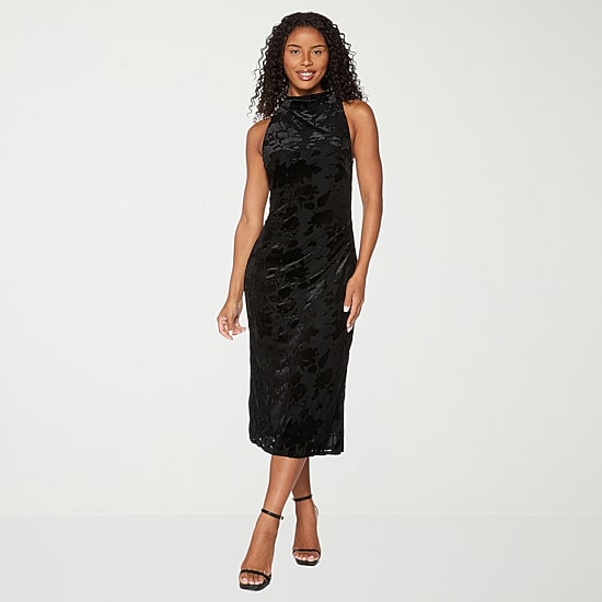 Premier Amour Womens Midi Mock Neck Sleeveless Velvet Floral