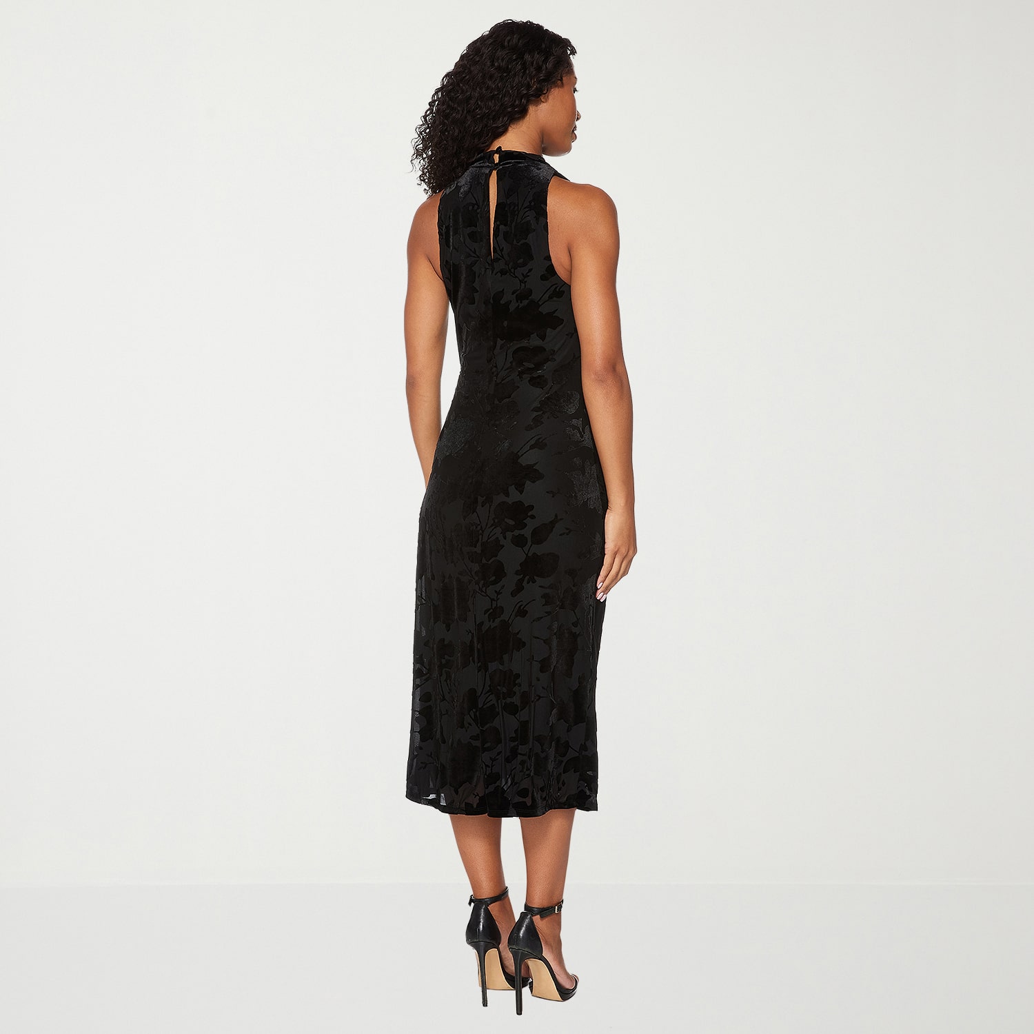 Premier Amour Womens Midi Mock Neck Sleeveless Velvet Floral Sheath Dress