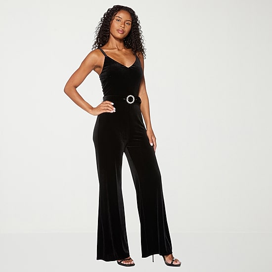 Premier Amour Womens V Neck Sleeveless Belted Jumpsuit
