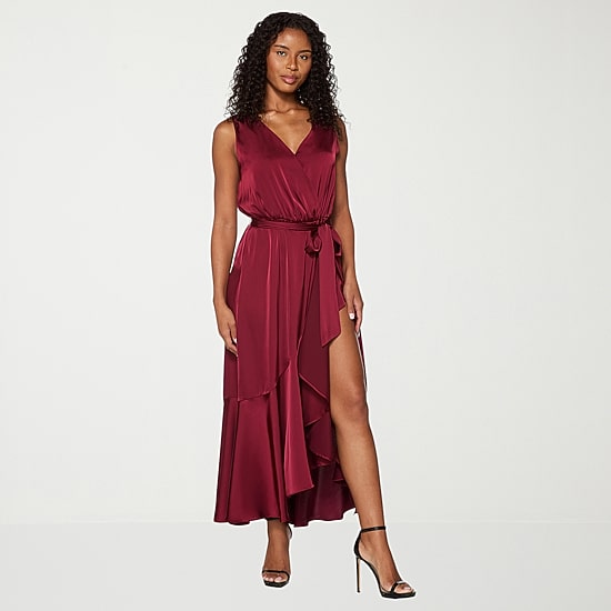 Premier Amour Womens High-Low V Neck Sleeveless Satin Evening Gown