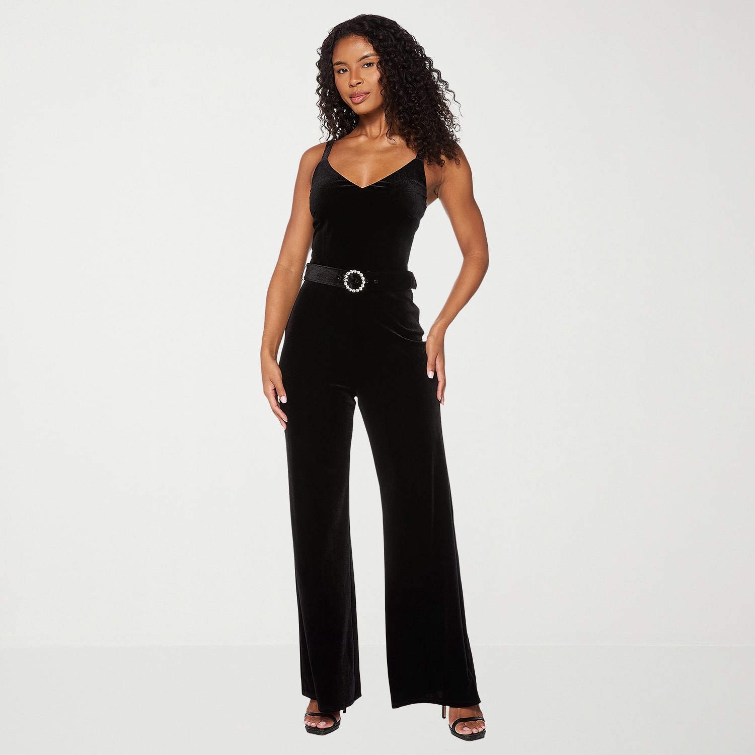 Premier Amour Womens V Neck Sleeveless Belted Jumpsuit
