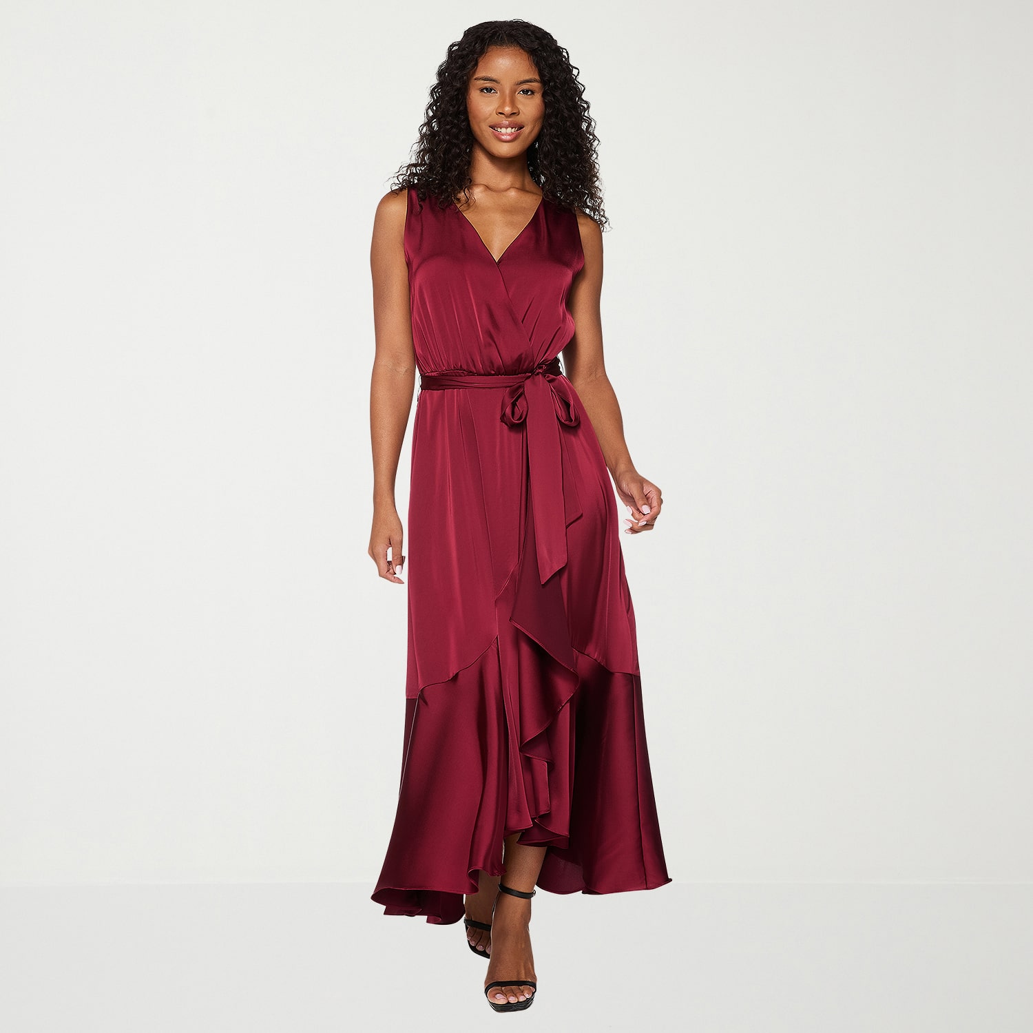 Premier Amour Womens High-Low V Neck Sleeveless Satin Evening Gown