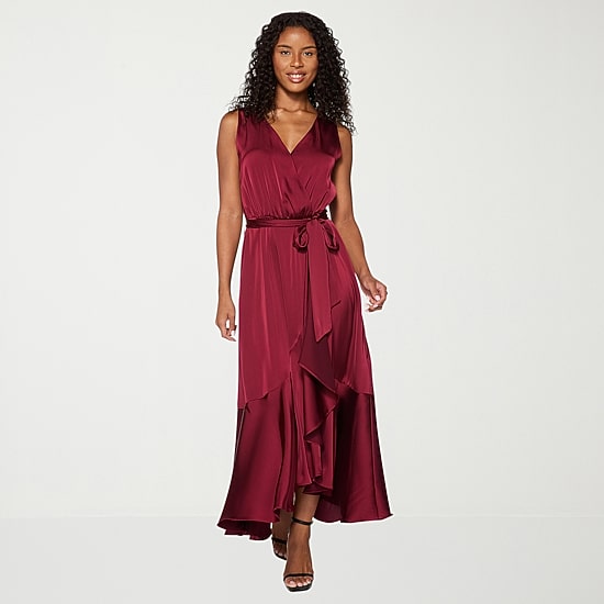 Premier Amour Womens High-Low V Neck Sleeveless Satin Evening Gown