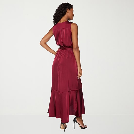 Premier Amour Womens High-Low V Neck Sleeveless Satin Evening Gown
