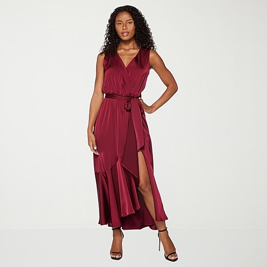 Premier Amour Womens High-Low V Neck Sleeveless Satin Evening Gown
