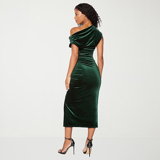 Premier Amour Womens Midi Asymmetrical Neck Sleeveless Off the Shoulder Velvet Evening Gown