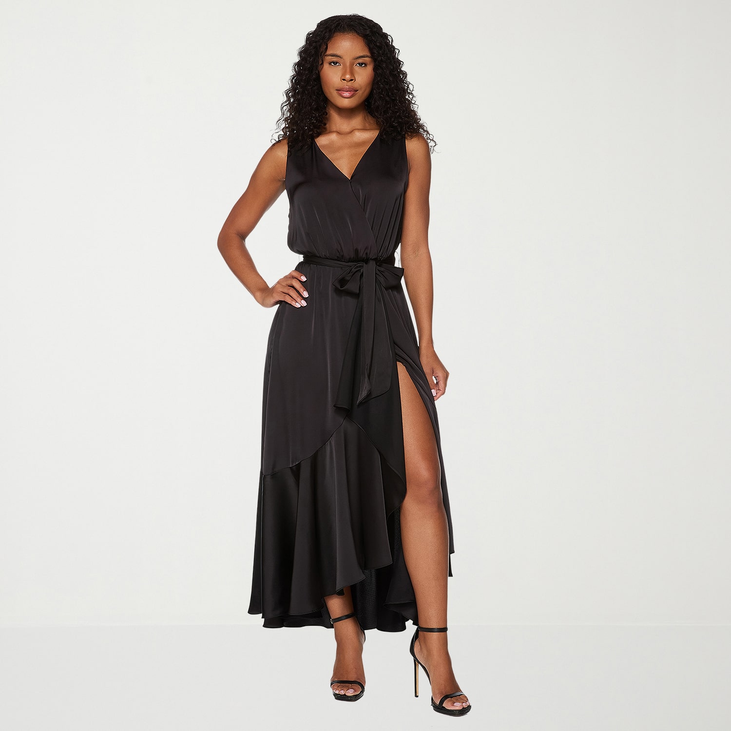 Premier Amour Womens High-Low V Neck Sleeveless Satin Evening Gown
