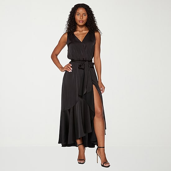 Premier Amour Womens High-Low V Neck Sleeveless Satin Evening Gown