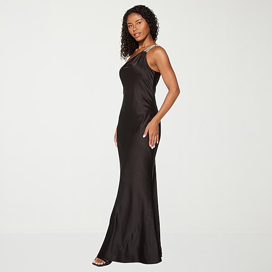 Premier Amour Womens Asymmetrical Neck Sleeveless One Shoulder Satin Evening Gown