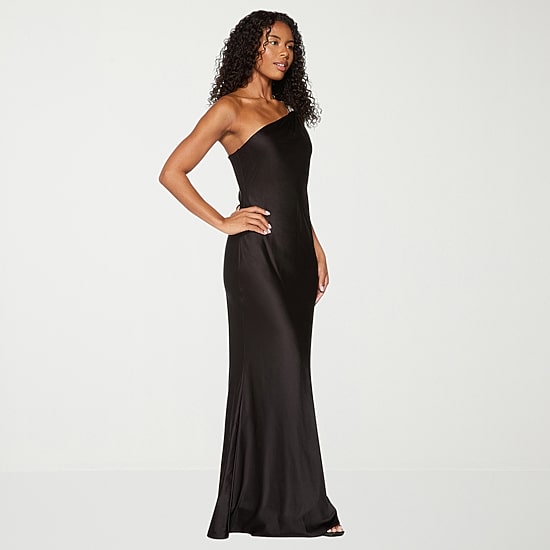 Premier Amour Womens Asymmetrical Neck Sleeveless One Shoulder Satin Evening Gown