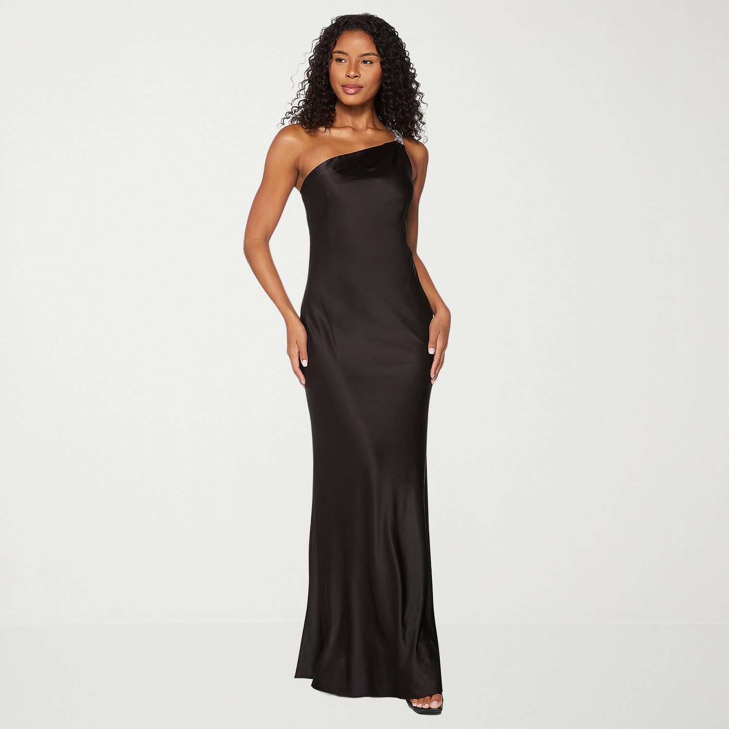 Premier Amour Womens Asymmetrical Neck Sleeveless One Shoulder Satin Evening Gown