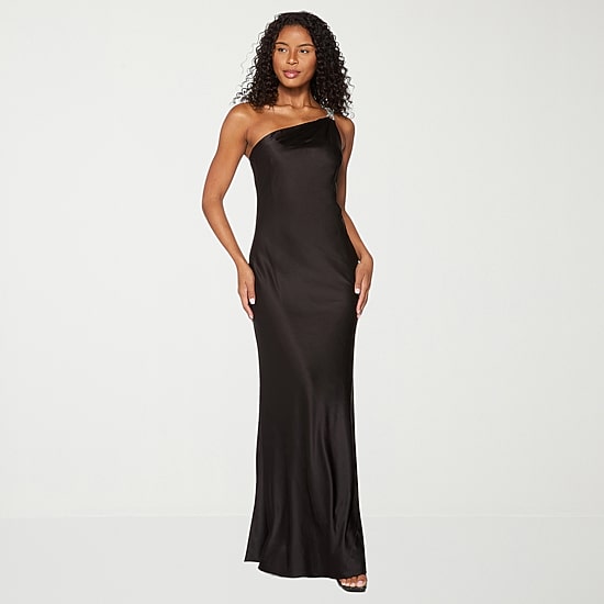 Premier Amour Womens Asymmetrical Neck Sleeveless One Shoulder Satin Evening Gown