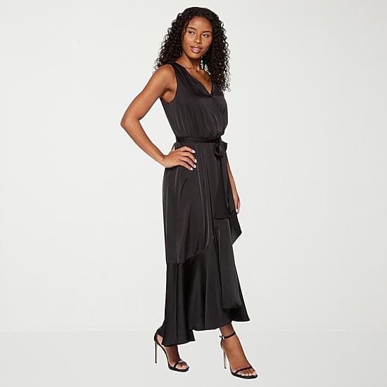Premier Amour Womens High-Low V Neck Sleeveless Satin Evening Gown