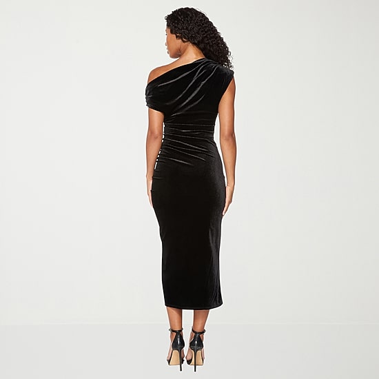 Premier Amour Womens Midi Asymmetrical Neck Sleeveless Off the Shoulder Velvet Evening Gown