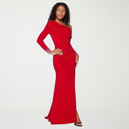 Premier Amour Womens Asymmetrical Neck Long Sleeve Off the Shoulder Evening Gown