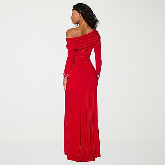 Premier Amour Womens Asymmetrical Neck Long Sleeve Off the Shoulder Evening Gown