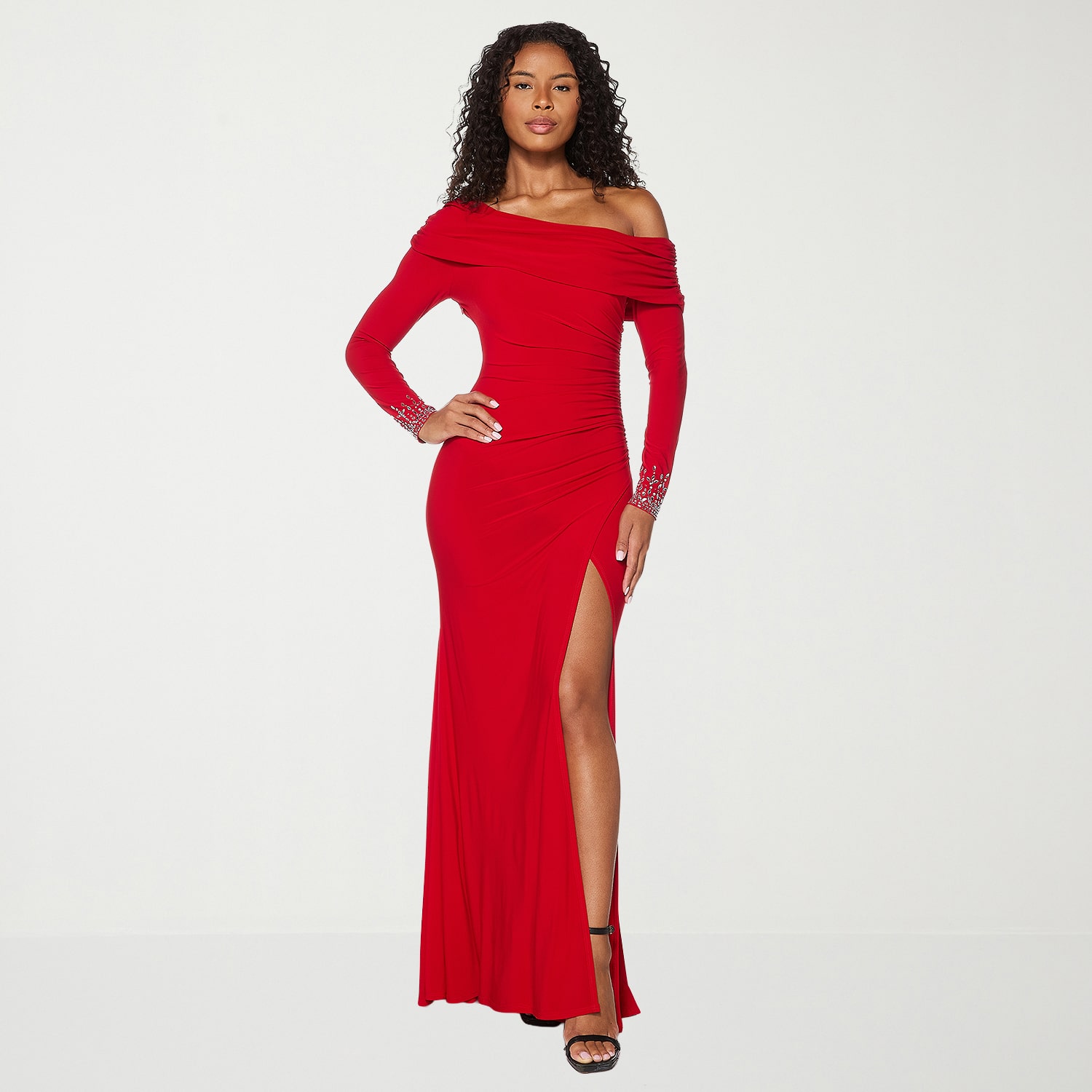 Premier Amour Womens Asymmetrical Neck Long Sleeve Off the Shoulder Evening Gown