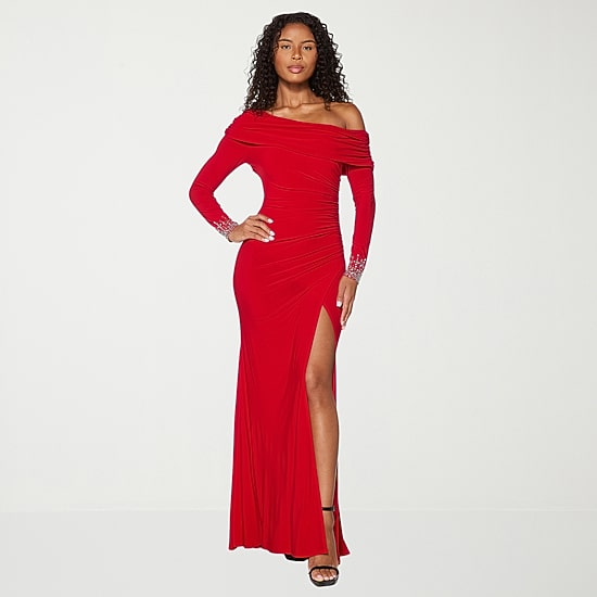 Premier Amour Womens Asymmetrical Neck Long Sleeve Off the Shoulder Evening Gown