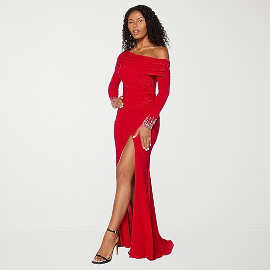 Premier Amour Womens Asymmetrical Neck Long Sleeve Off the Shoulder Evening Gown