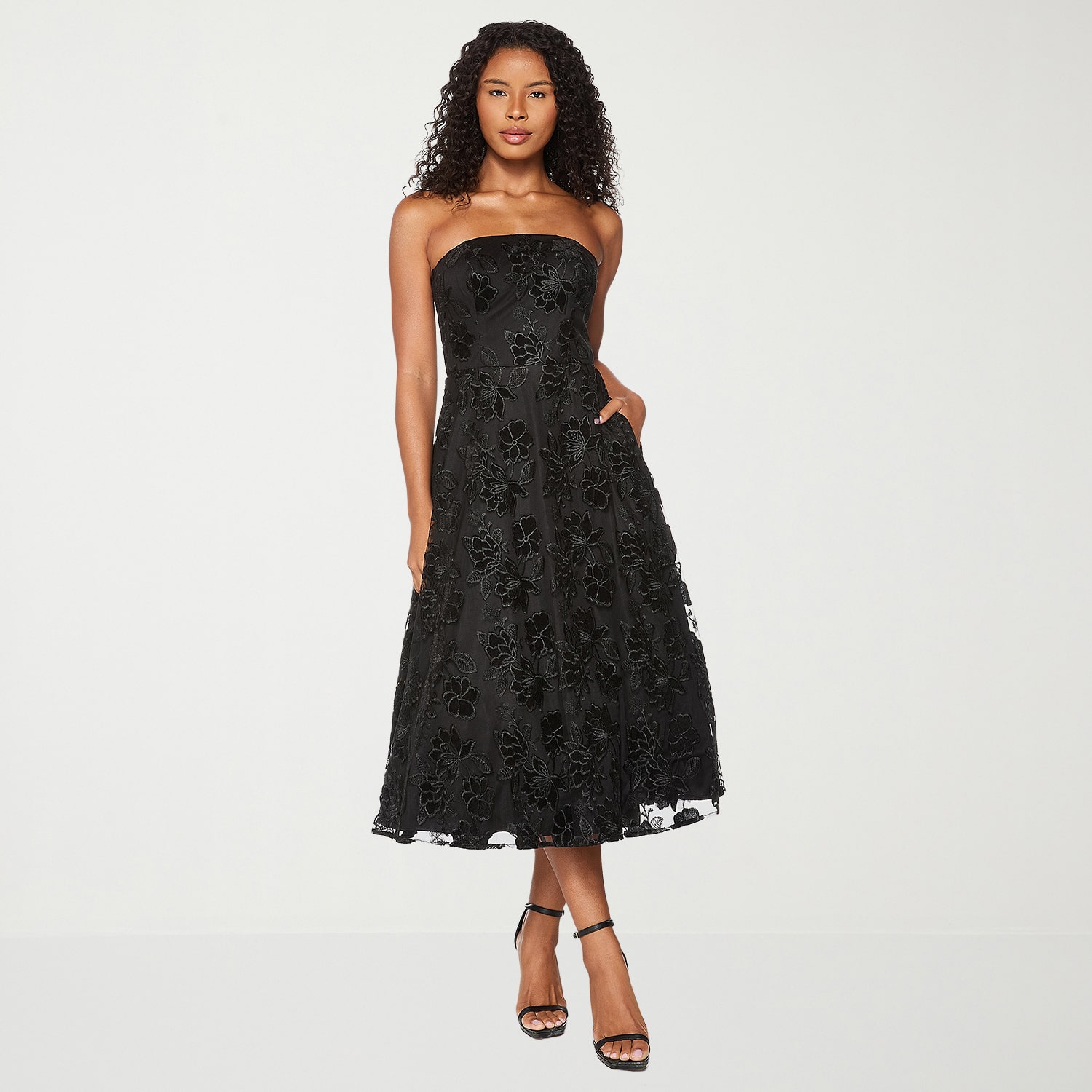 Premier Amour Womens Midi Straight Neck Sleeveless Floral Fit + Flare Dress