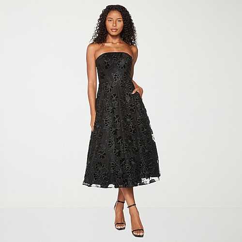 Premier Amour Womens Midi Straight Neck Sleeveless Floral Fit + Flare Dress In Black