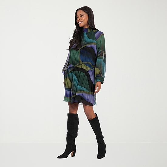 London Times Womens Mock Neck Long Sleeve Abstract Shift Dress