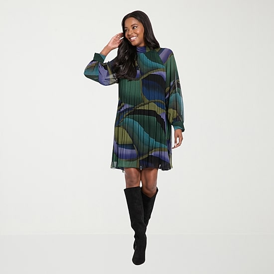 London Times Womens Mock Neck Long Sleeve Abstract Shift Dress