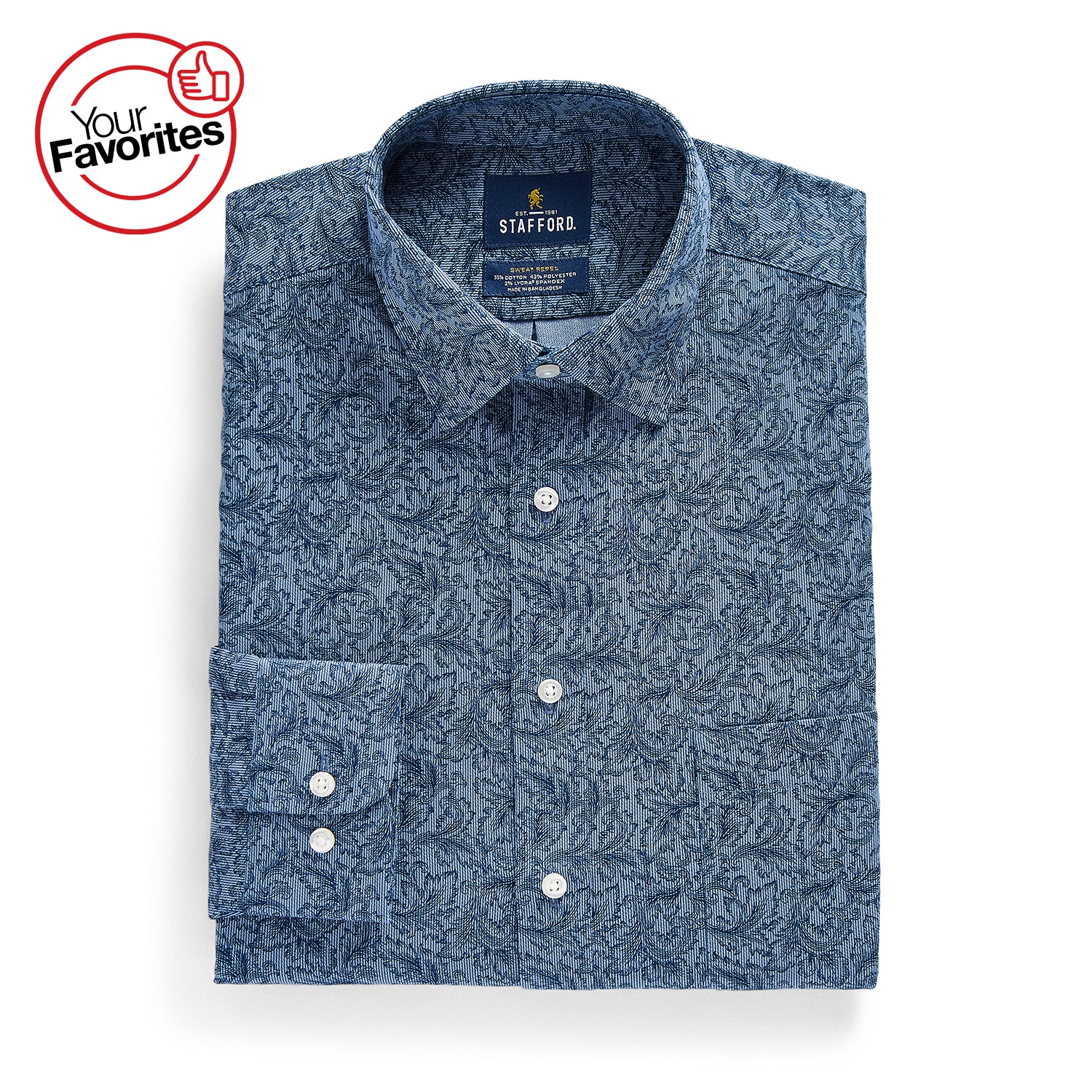 Stafford Sweat Repel Advanced Performance Mens Regular Fit Stretch Fabric Wrinkle Free Long Sleeve Dress Shirt