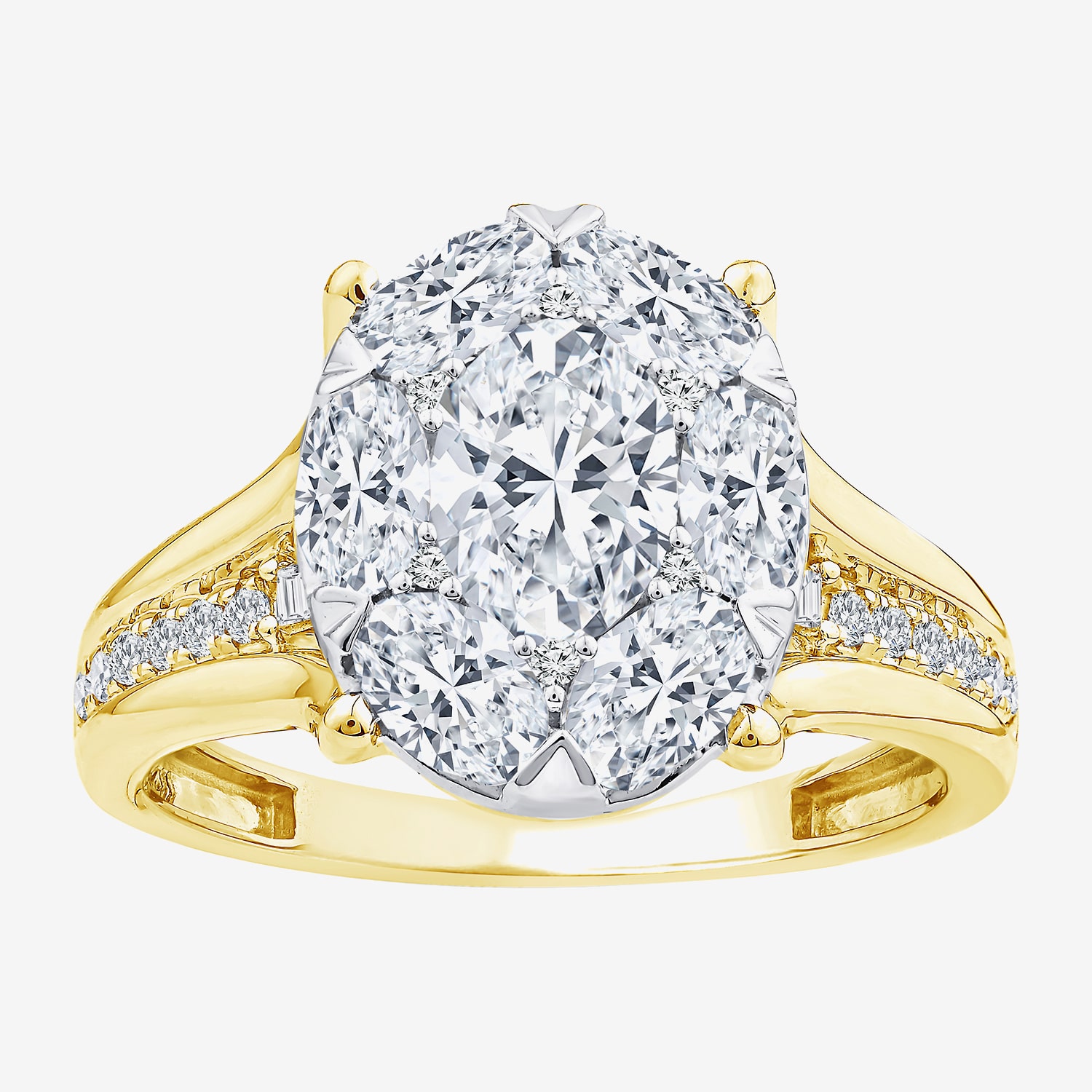 F / Vs2) Womens 2 CT. T.W. Lab Grown White Diamond 10K Gold Oval Side Stone Halo Engagement Ring