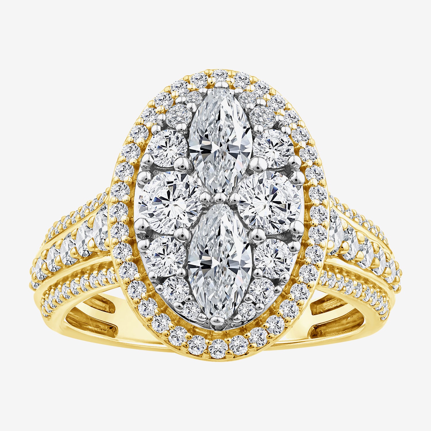 (F / Vs2) Womens 2 CT. T.W. Lab Grown White Diamond 10K Gold Oval Side Stone Halo Engagement Ring