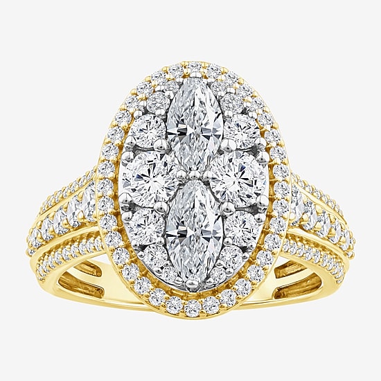 (F / Vs2) Womens 2 CT. T.W. Lab Grown White Diamond 10K Gold Oval Side Stone Halo Engagement Ring